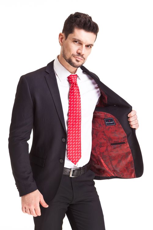 Terno Poliviscose Risca Giz Slim Fit Preto