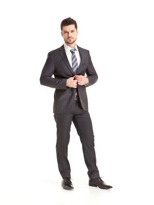 Terno Slim Fit Risca Giz Super 120 100% Lã Cinza