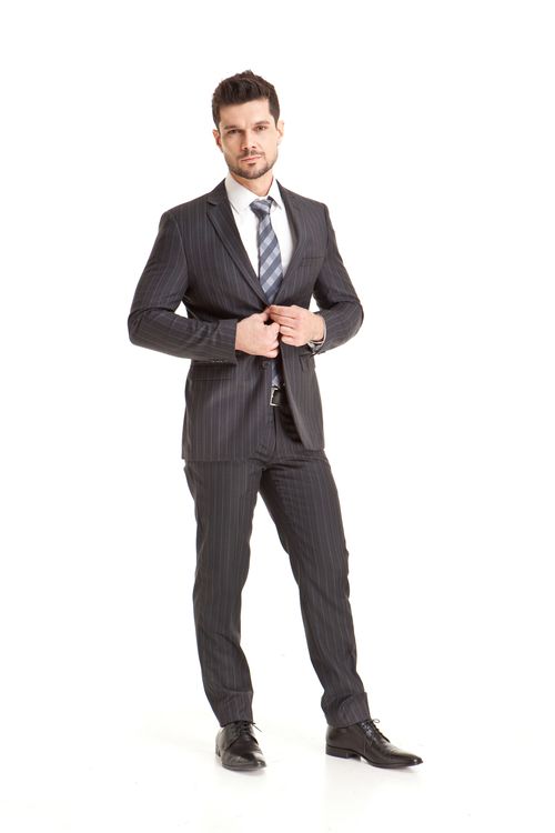 Terno Slim Fit Risca Giz Super 120 100% Lã Cinza