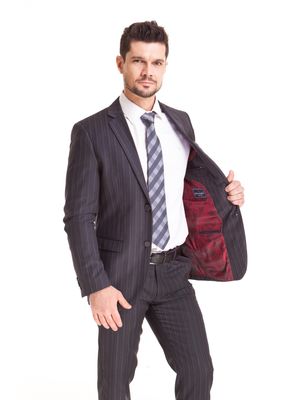 Terno Slim Fit Risca Giz Super 120 100% Lã Cinza