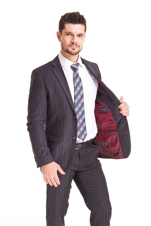 Terno Slim Fit Risca Giz Super 120 100% Lã Cinza