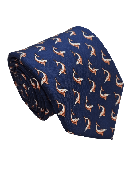 Gravata Seda Tradicional Azul Marinho com desenhos de Peixe
