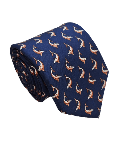 Gravata Seda Tradicional Azul Marinho com desenhos de Peixe