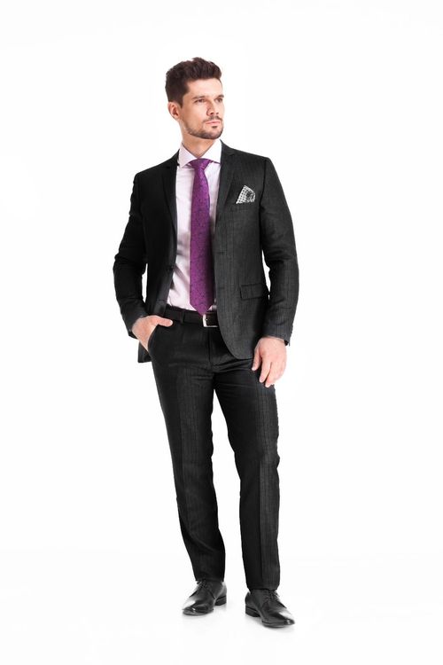 Terno Poliviscose Risca Giz Slim Fit Preto