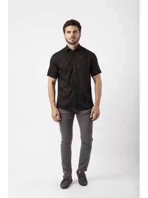 Camisa Manga Curta Floral Escuro