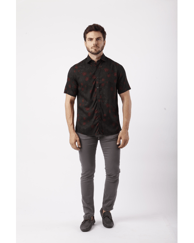 Camisa Manga Curta Floral Escuro