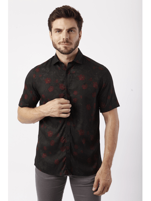 Camisa Manga Curta Floral Escuro