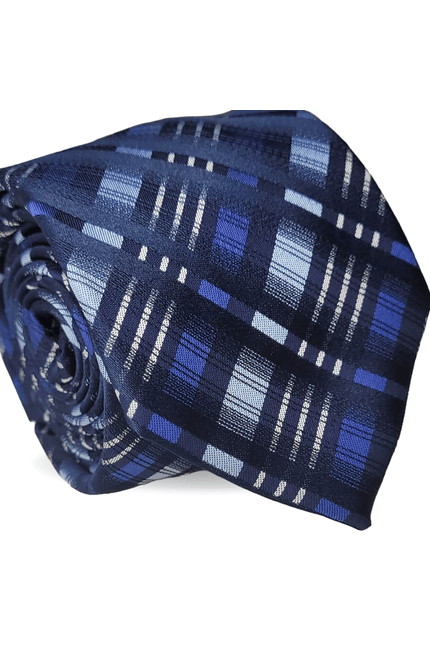 GRAVATA TRADICIONAL POLIÉSTER JACGUARD XADREZ MARINHO E AZUL CLARO