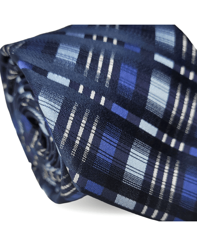 GRAVATA TRADICIONAL POLIÉSTER JACGUARD XADREZ MARINHO E AZUL CLARO