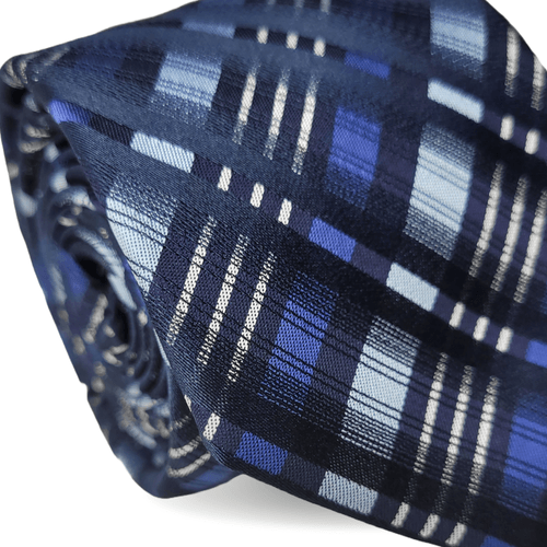 GRAVATA TRADICIONAL POLIÉSTER JACGUARD XADREZ MARINHO E AZUL CLARO