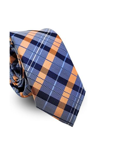 Gravata Slim Jacquard Poliéster Pierre Cardin  Xadrez Azul e Laranja
