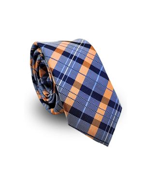 Gravata Slim Jacquard Poliéster Pierre Cardin  Xadrez Azul e Laranja