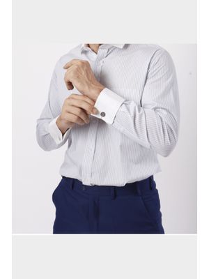 Camisa Fio 70 Punho Duplo Azul com Listras