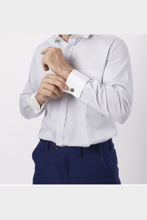 Camisa Fio 70 Punho Duplo Azul com Listras