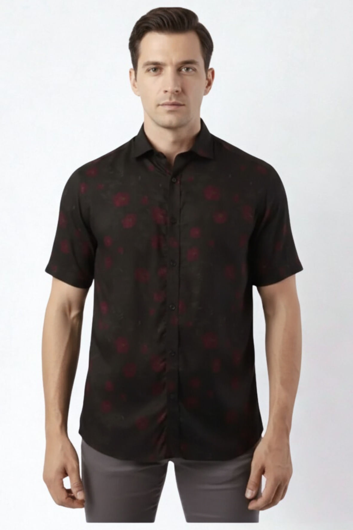 Camisa Manga Curta Floral Escuro