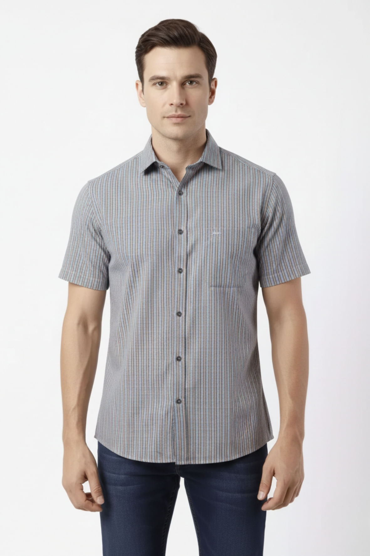 Camisa Custom Manga Curta Azul e Bege