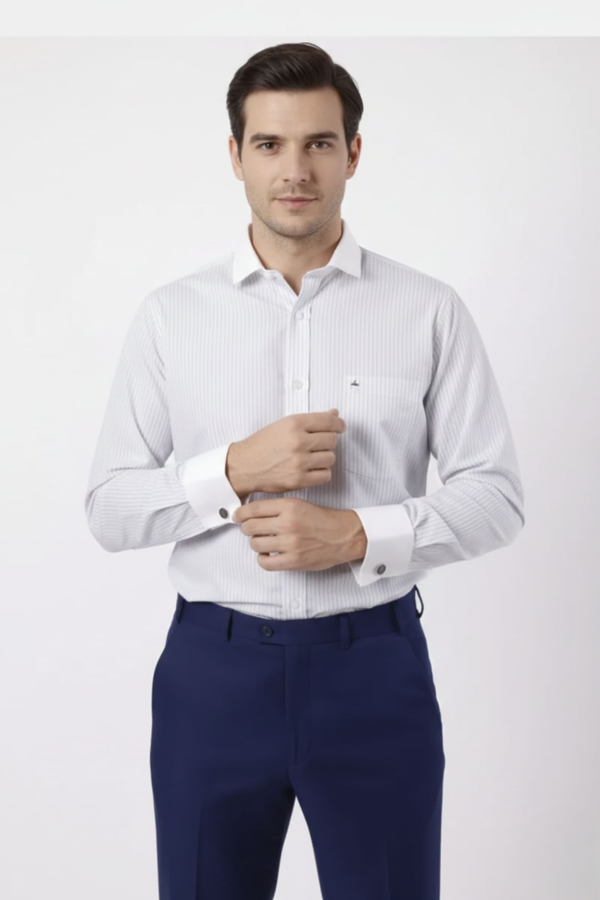 Camisa Fio 70 Punho Duplo Azul com Listras