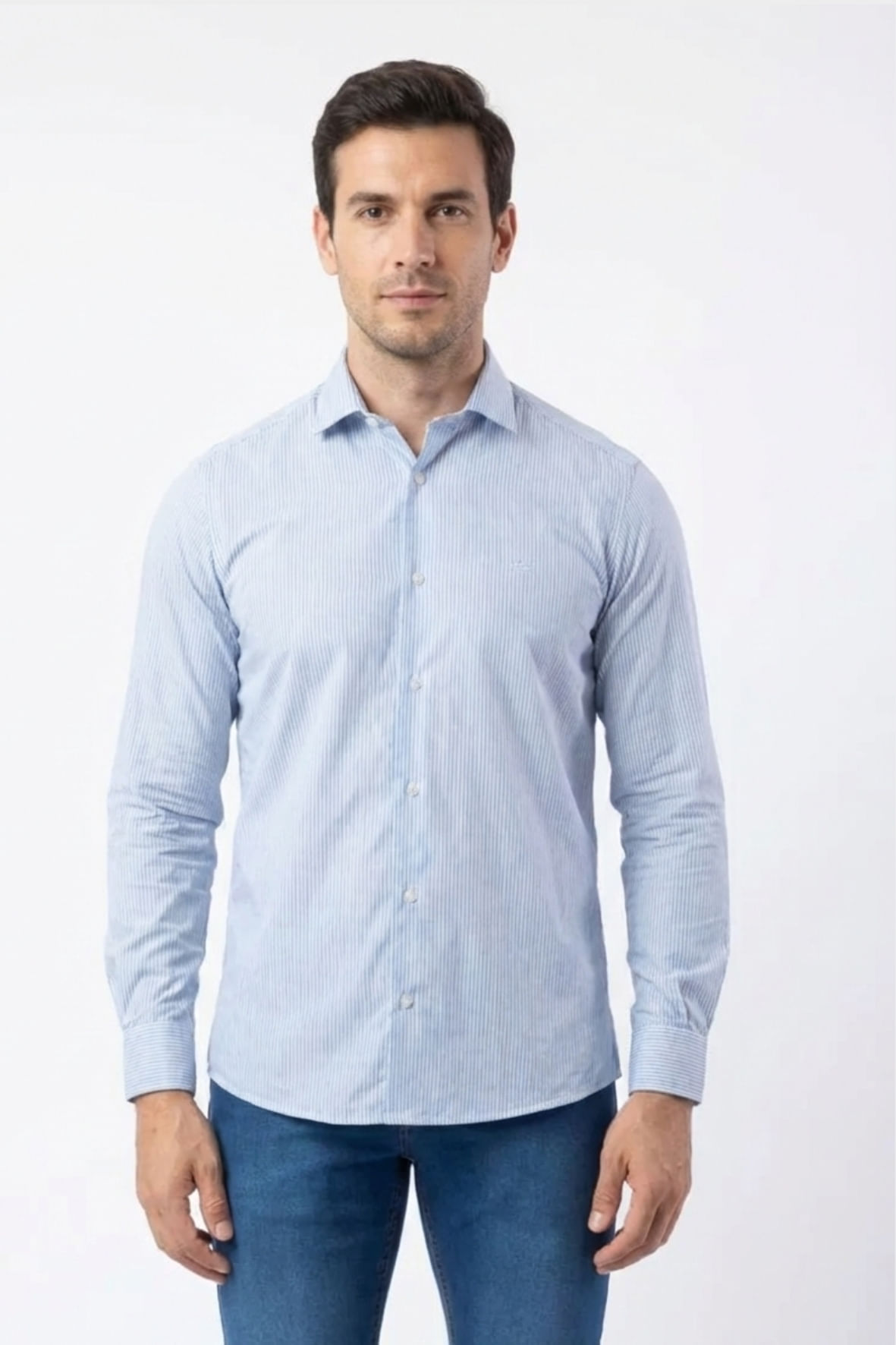 Camisa camelo m/l bordado punho Azul