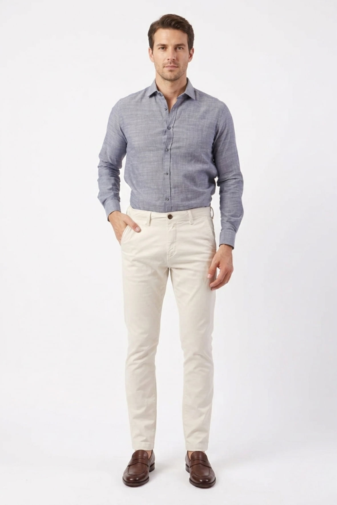 Calça de sarja c/elastano casual Cru