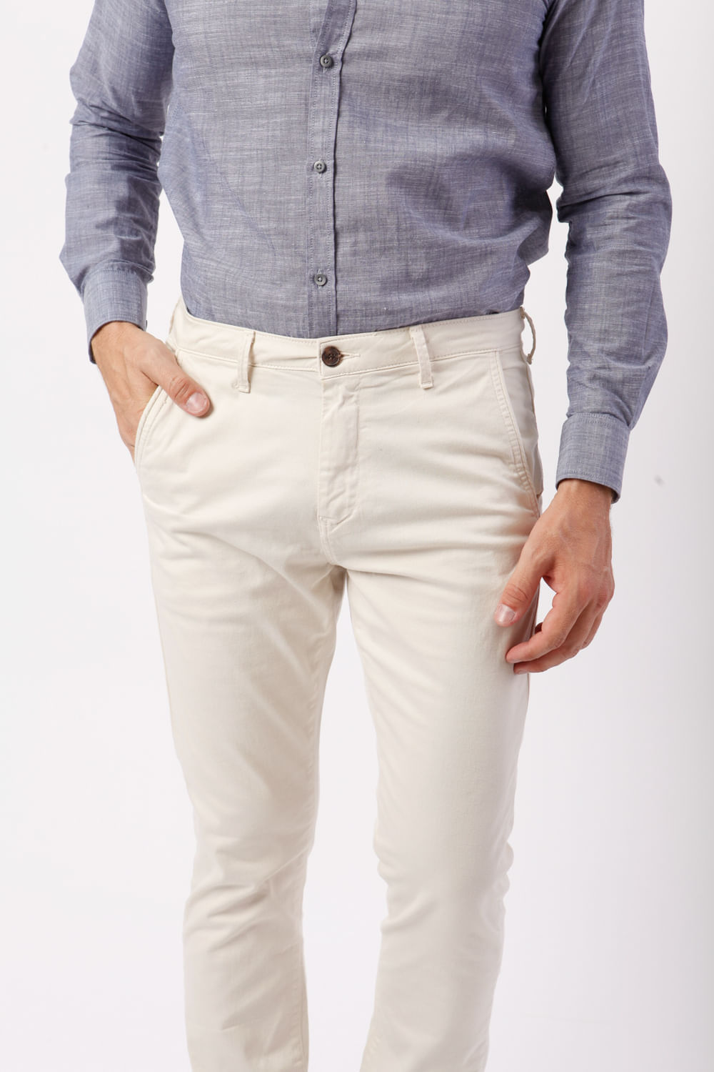 Calça de sarja c/elastano casual Cru - Hover