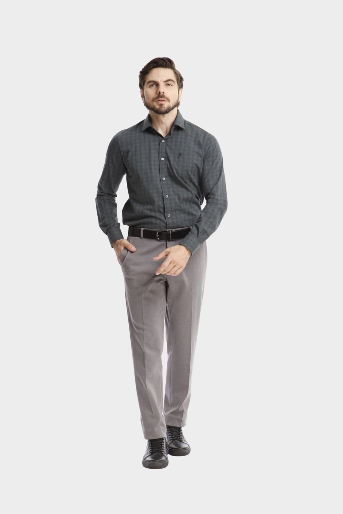 Camisa Slim Casual Xadrez verde militar