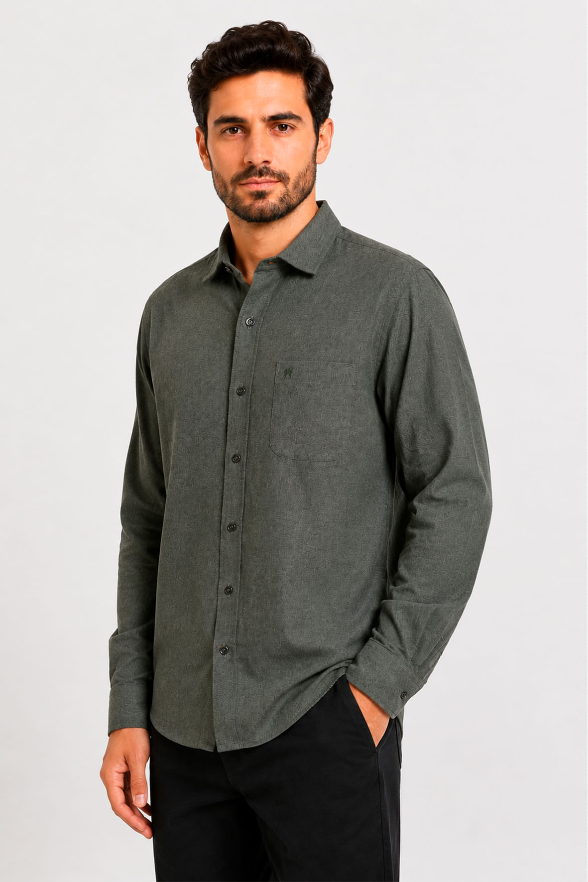 Camisa Flanelada verde militar com Bolso - Hover