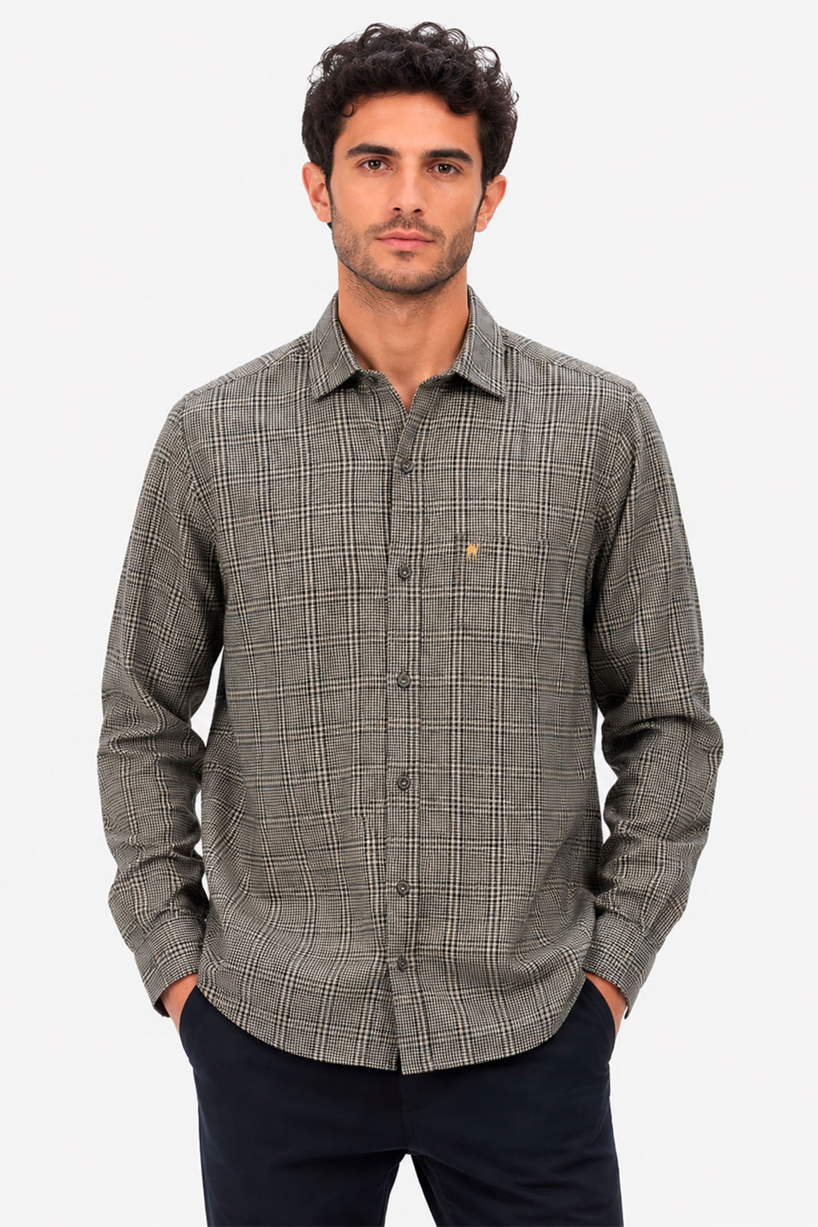 Camisa Flanelada Xadrez bege com Bolso