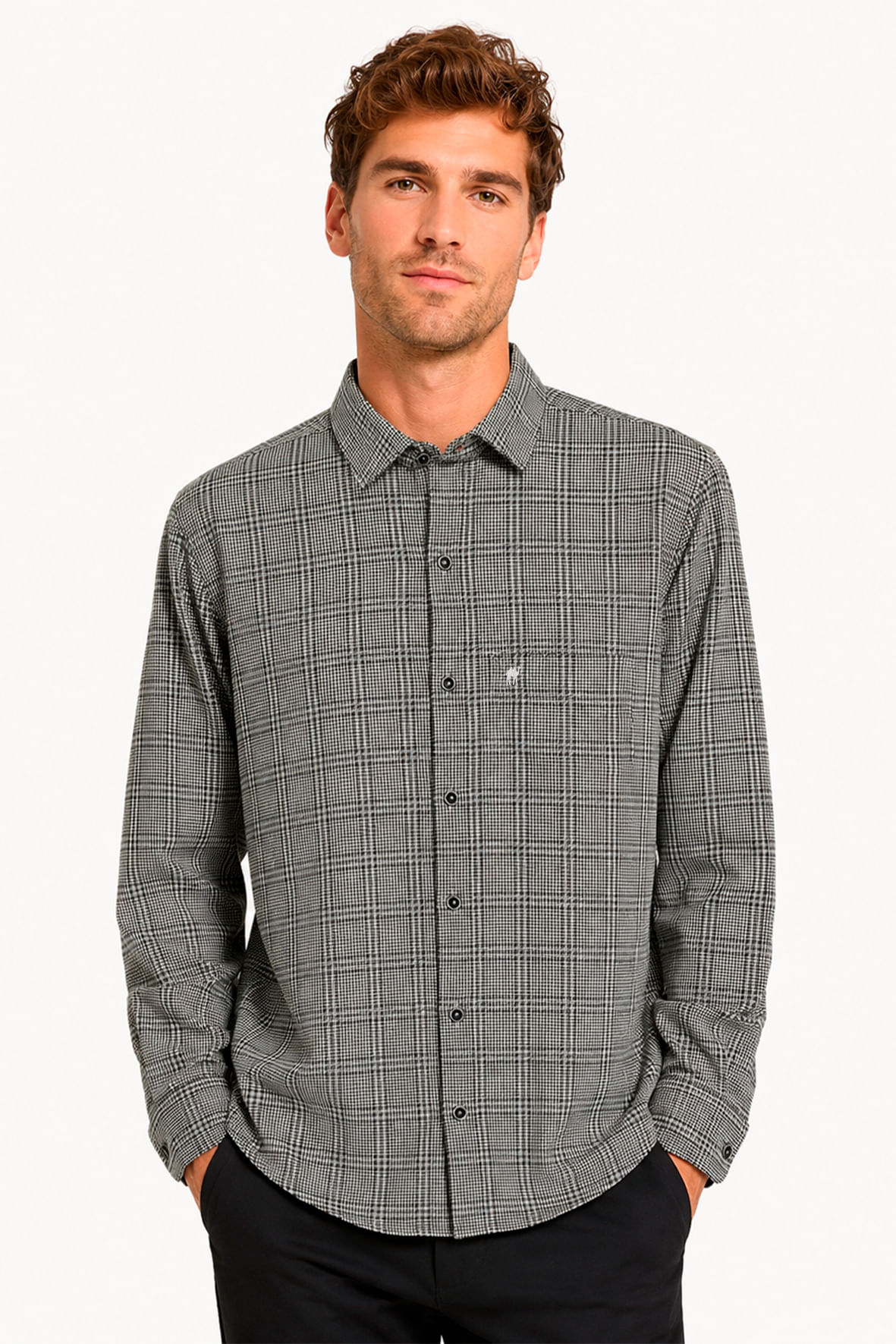 Camisa Flanelada Xadrez cinza com Bolso